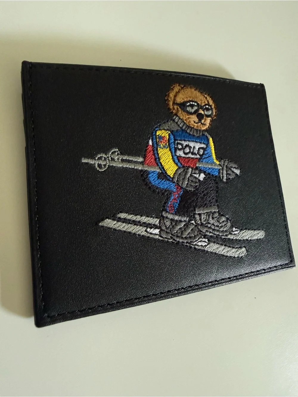 Polo Ralph Lauren Ski Bear Embroidered Leather Card Holder Black NWT Gift Box